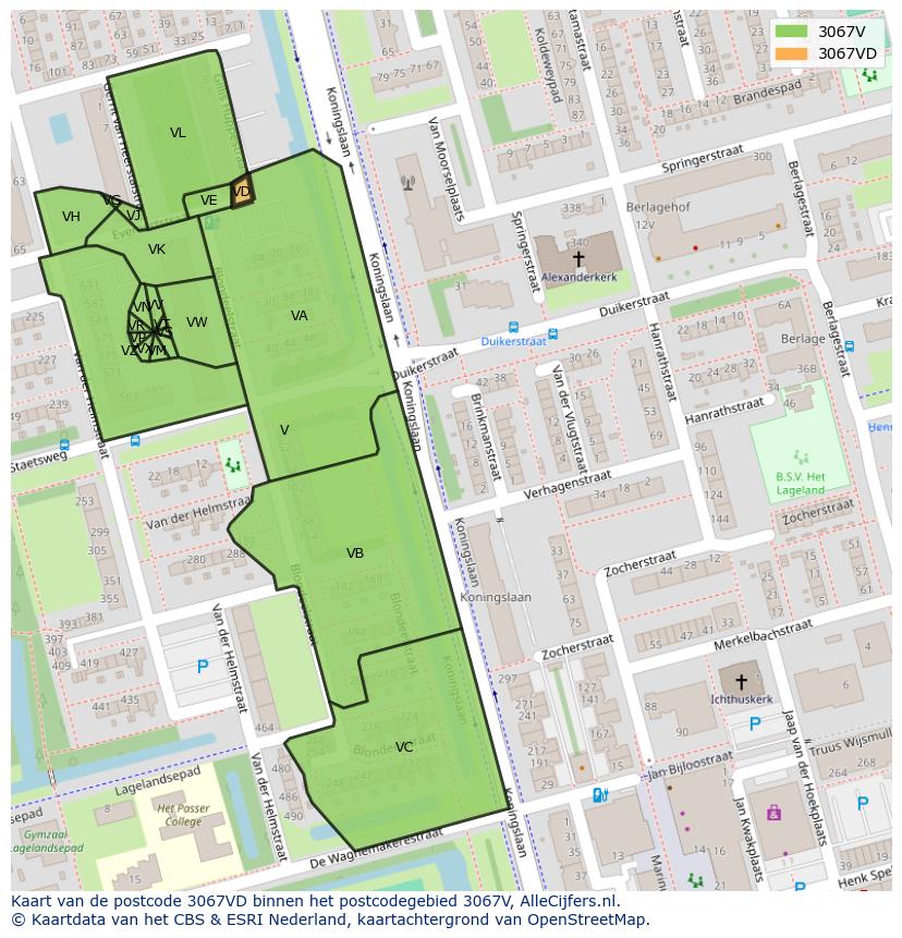 Afbeelding van het postcodegebied 3067 VD op de kaart.