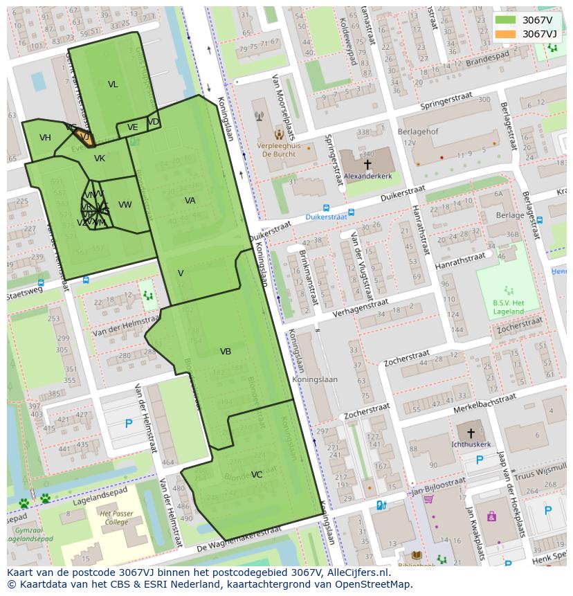 Afbeelding van het postcodegebied 3067 VJ op de kaart.