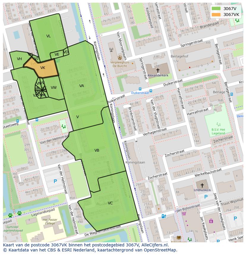 Afbeelding van het postcodegebied 3067 VK op de kaart.