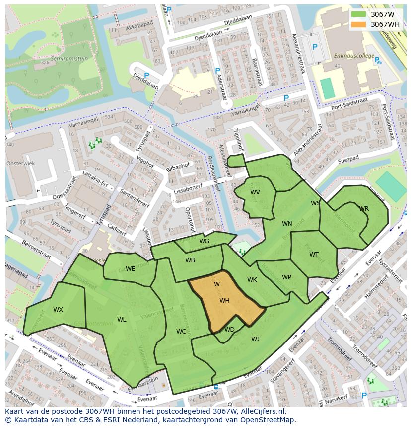 Afbeelding van het postcodegebied 3067 WH op de kaart.
