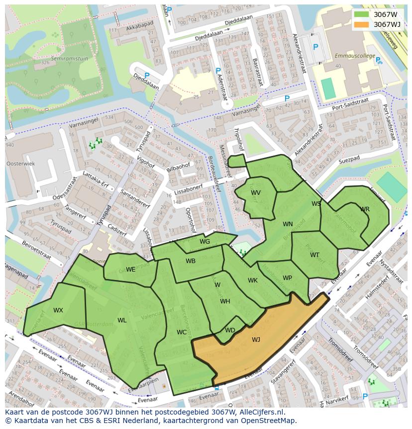 Afbeelding van het postcodegebied 3067 WJ op de kaart.