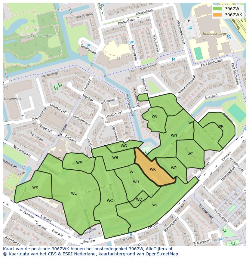 Afbeelding van het postcodegebied 3067 WK op de kaart.