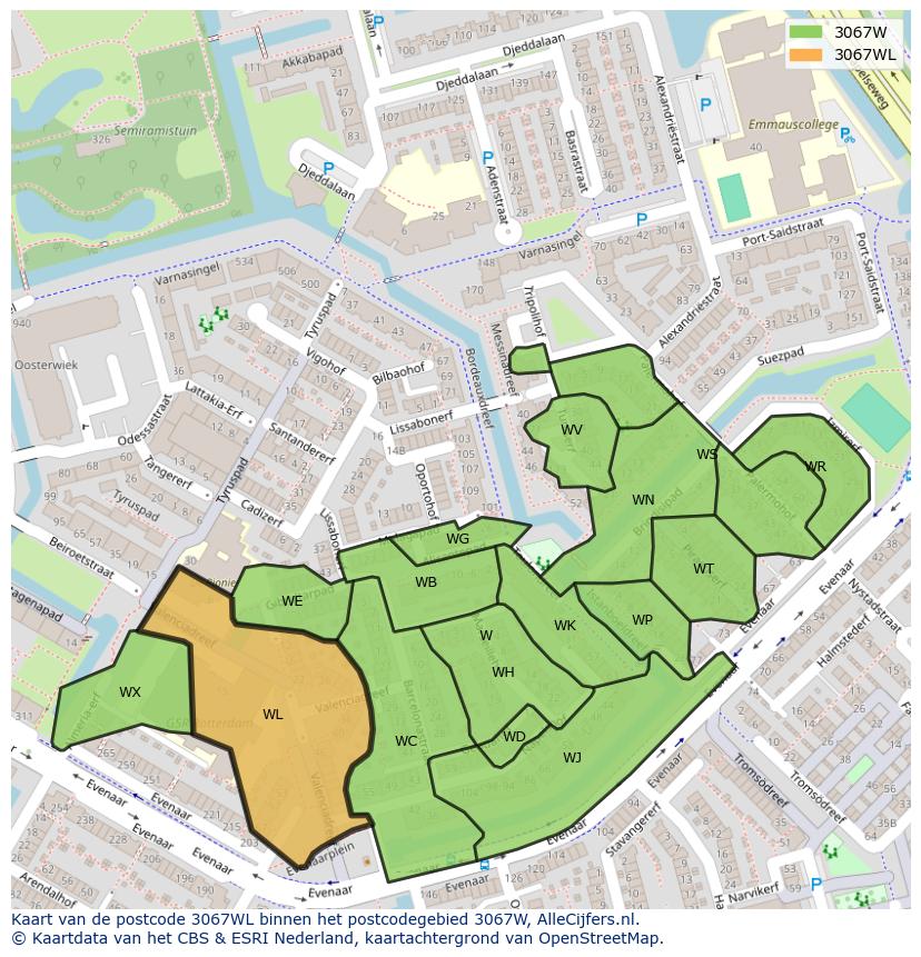 Afbeelding van het postcodegebied 3067 WL op de kaart.