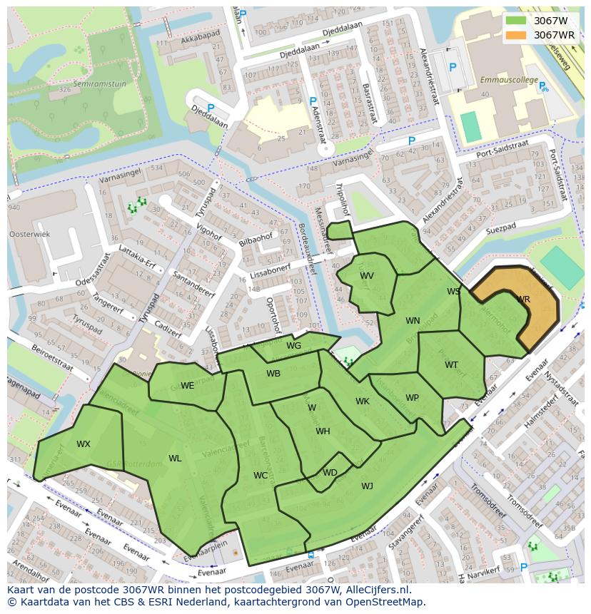 Afbeelding van het postcodegebied 3067 WR op de kaart.