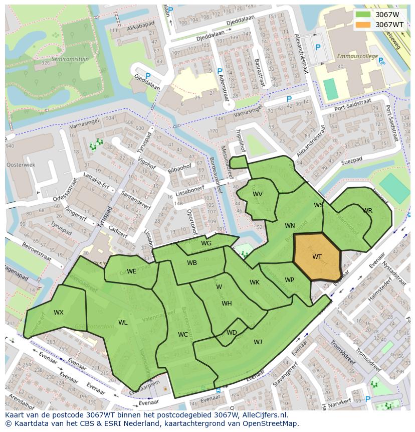 Afbeelding van het postcodegebied 3067 WT op de kaart.