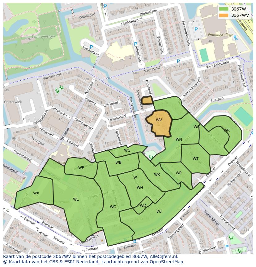 Afbeelding van het postcodegebied 3067 WV op de kaart.