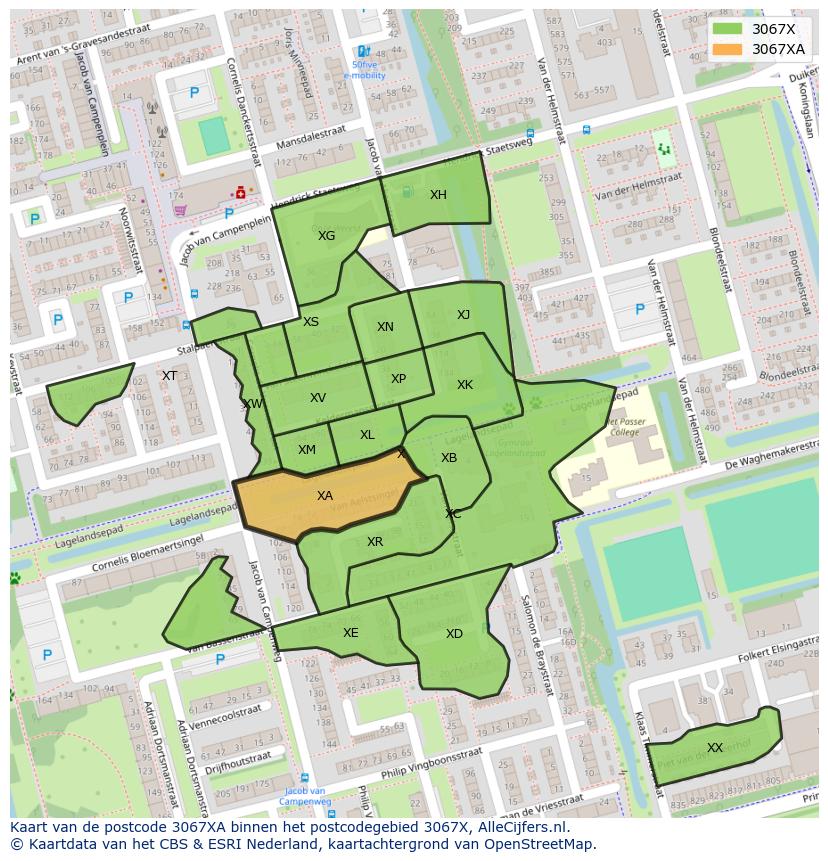 Afbeelding van het postcodegebied 3067 XA op de kaart.
