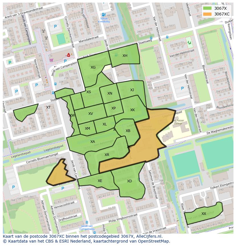 Afbeelding van het postcodegebied 3067 XC op de kaart.