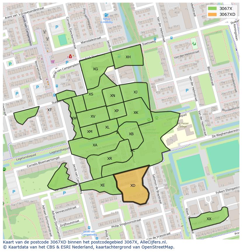 Afbeelding van het postcodegebied 3067 XD op de kaart.