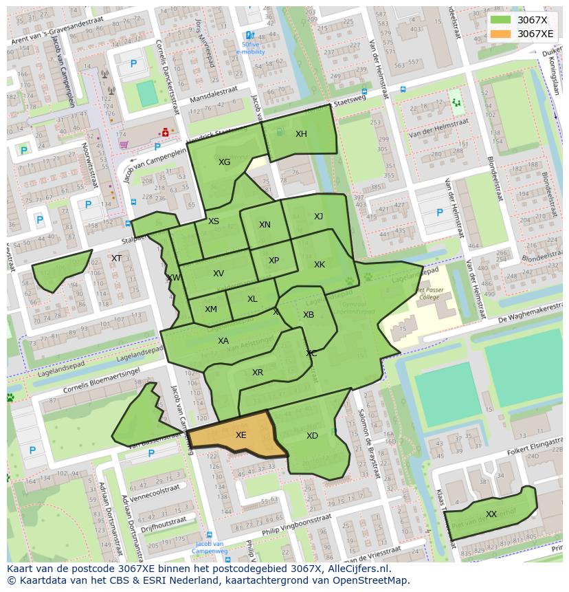 Afbeelding van het postcodegebied 3067 XE op de kaart.