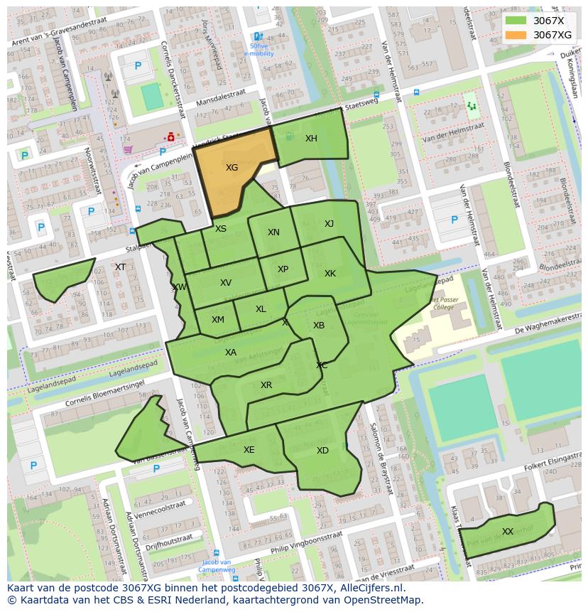 Afbeelding van het postcodegebied 3067 XG op de kaart.