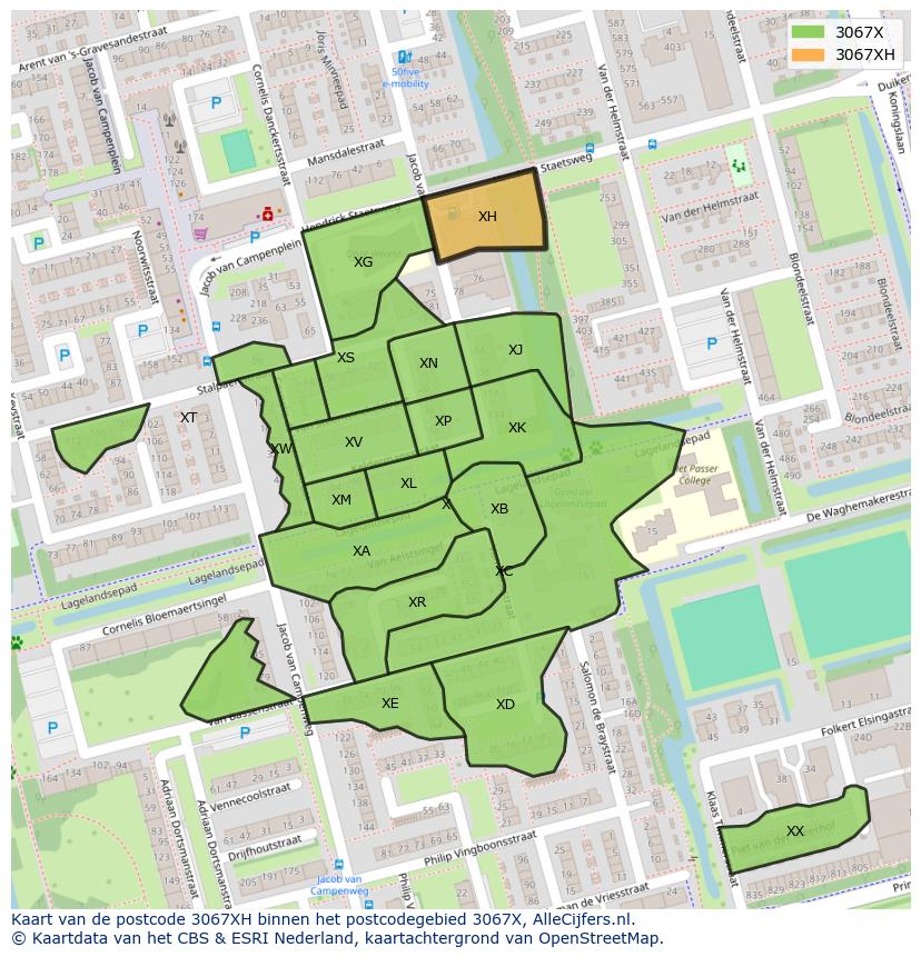 Afbeelding van het postcodegebied 3067 XH op de kaart.