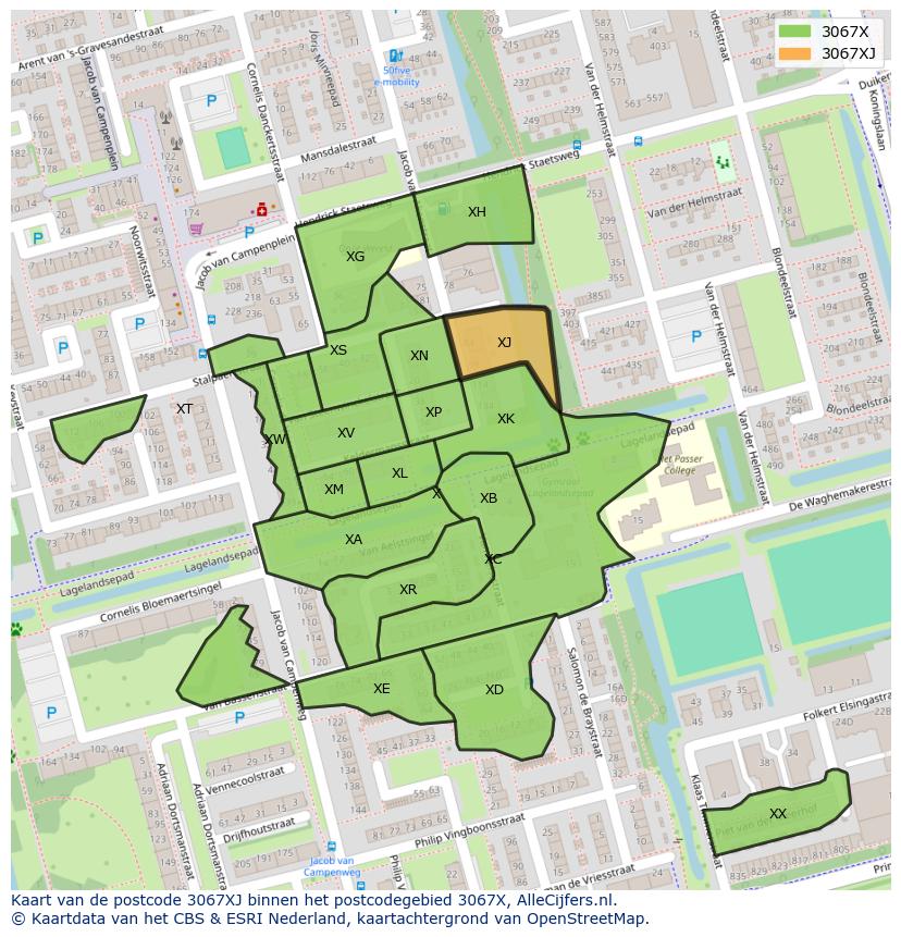 Afbeelding van het postcodegebied 3067 XJ op de kaart.
