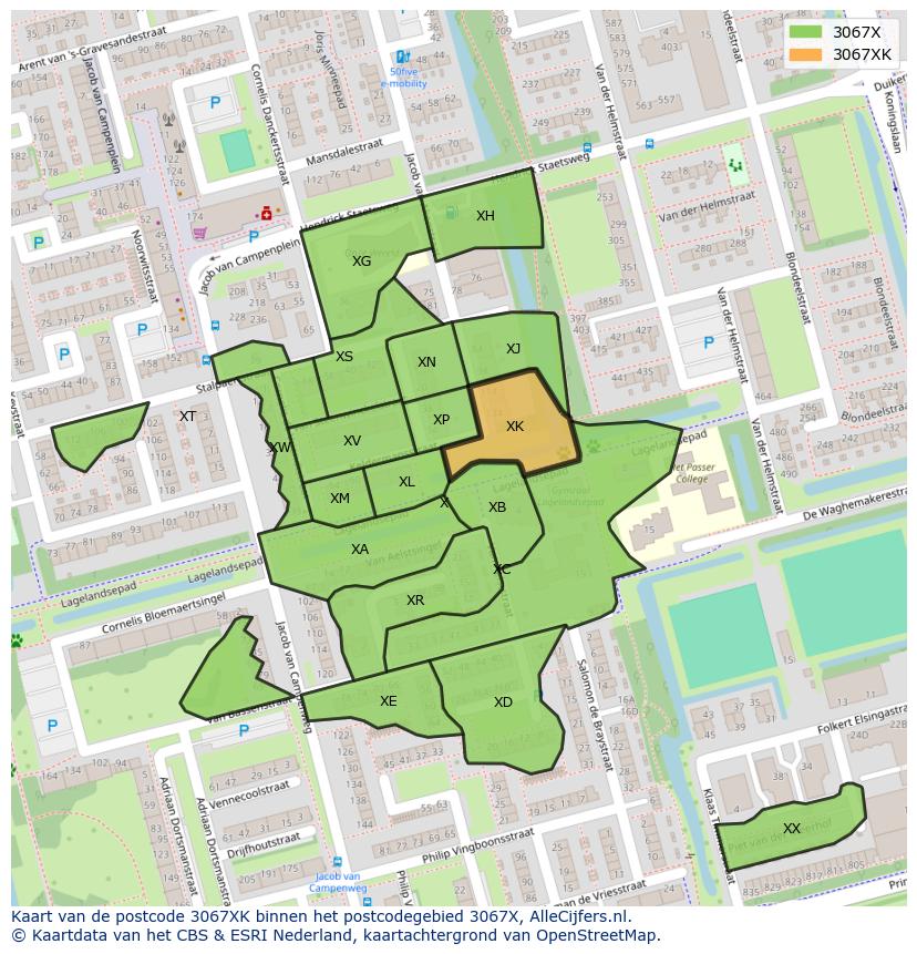 Afbeelding van het postcodegebied 3067 XK op de kaart.
