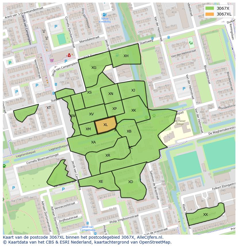 Afbeelding van het postcodegebied 3067 XL op de kaart.