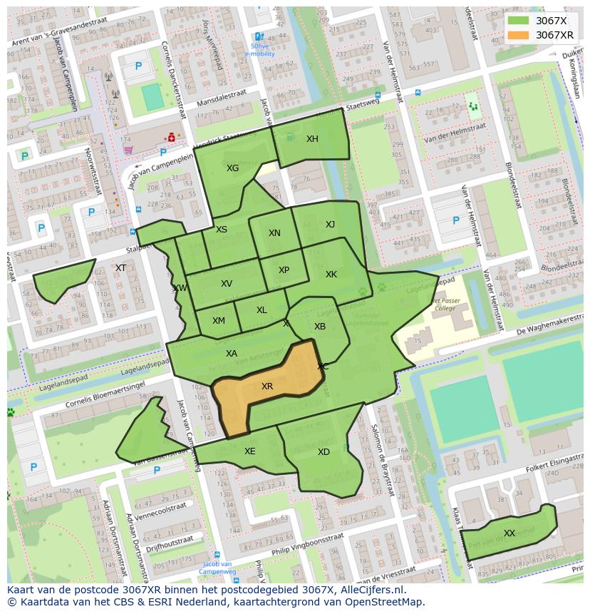 Afbeelding van het postcodegebied 3067 XR op de kaart.