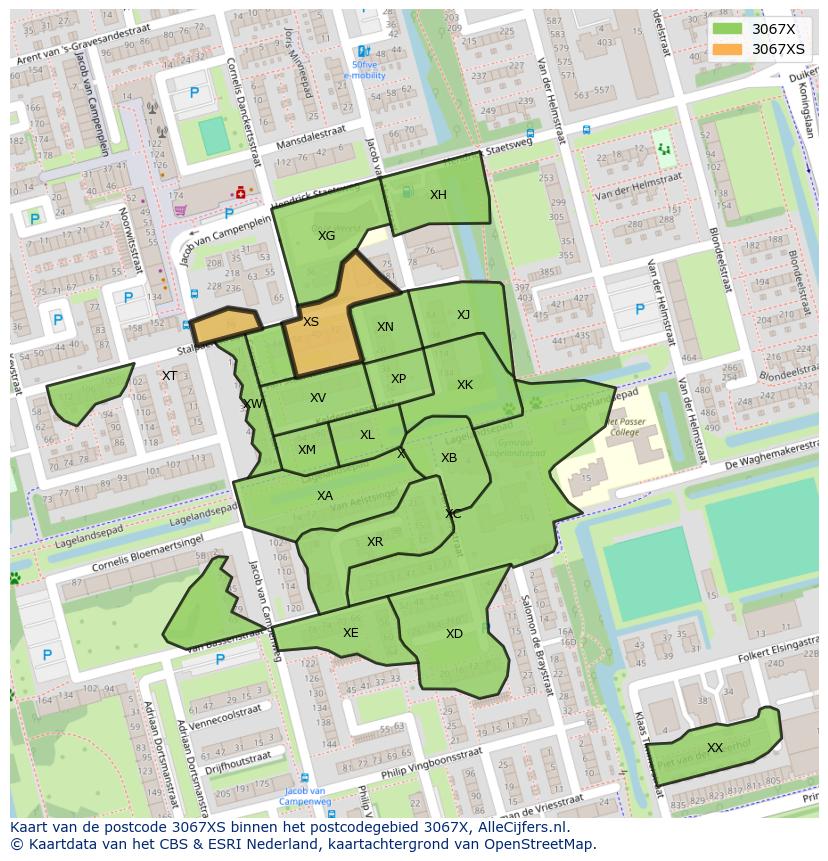 Afbeelding van het postcodegebied 3067 XS op de kaart.