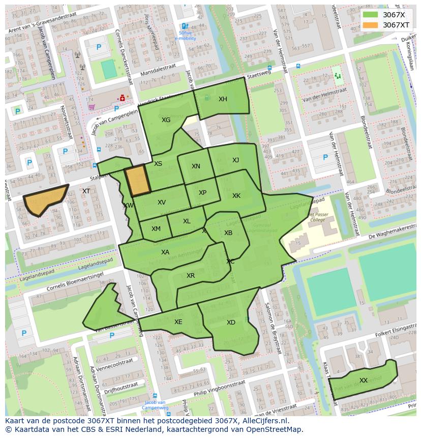 Afbeelding van het postcodegebied 3067 XT op de kaart.