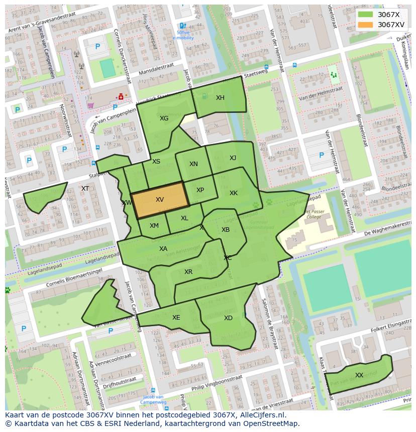 Afbeelding van het postcodegebied 3067 XV op de kaart.