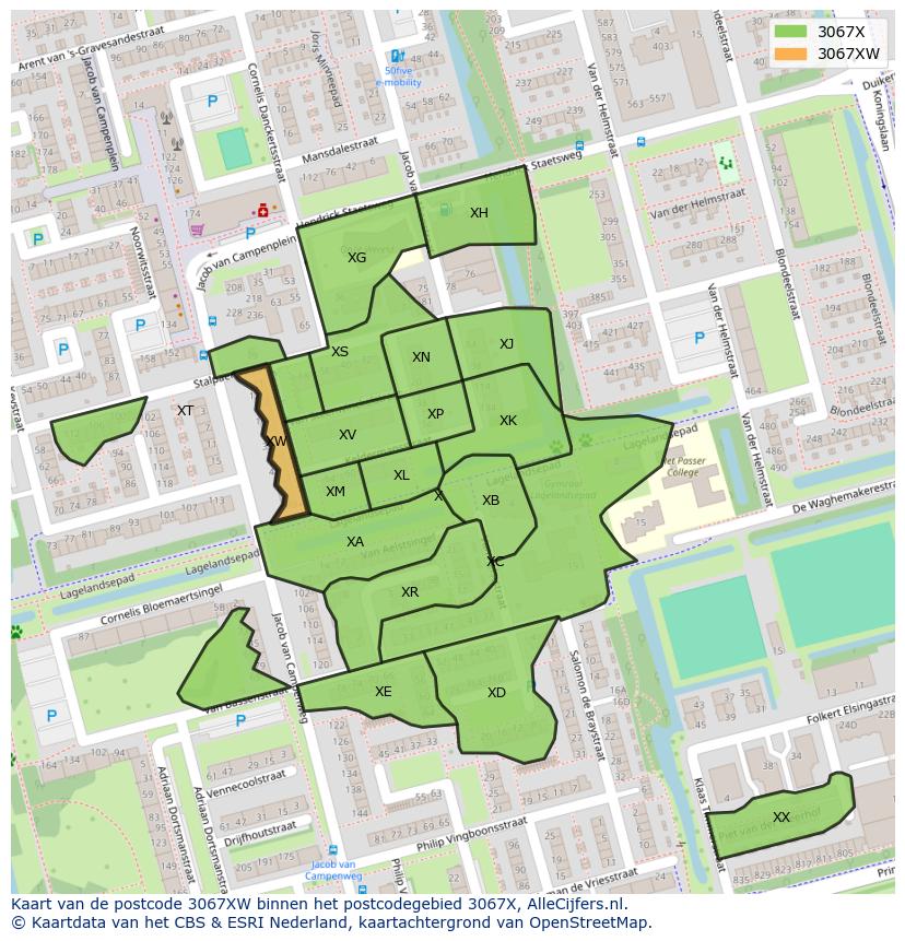 Afbeelding van het postcodegebied 3067 XW op de kaart.