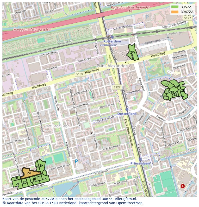 Afbeelding van het postcodegebied 3067 ZA op de kaart.