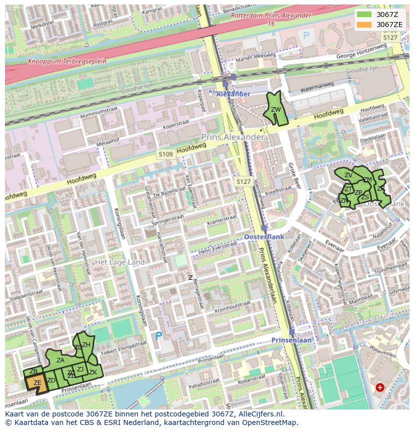 Afbeelding van het postcodegebied 3067 ZE op de kaart.