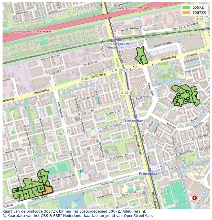Afbeelding van het postcodegebied 3067 ZK op de kaart.