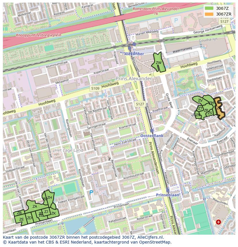 Afbeelding van het postcodegebied 3067 ZR op de kaart.