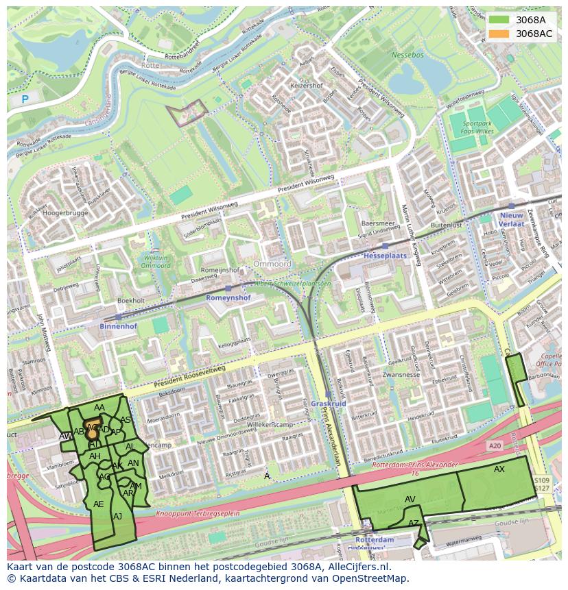 Afbeelding van het postcodegebied 3068 AC op de kaart.