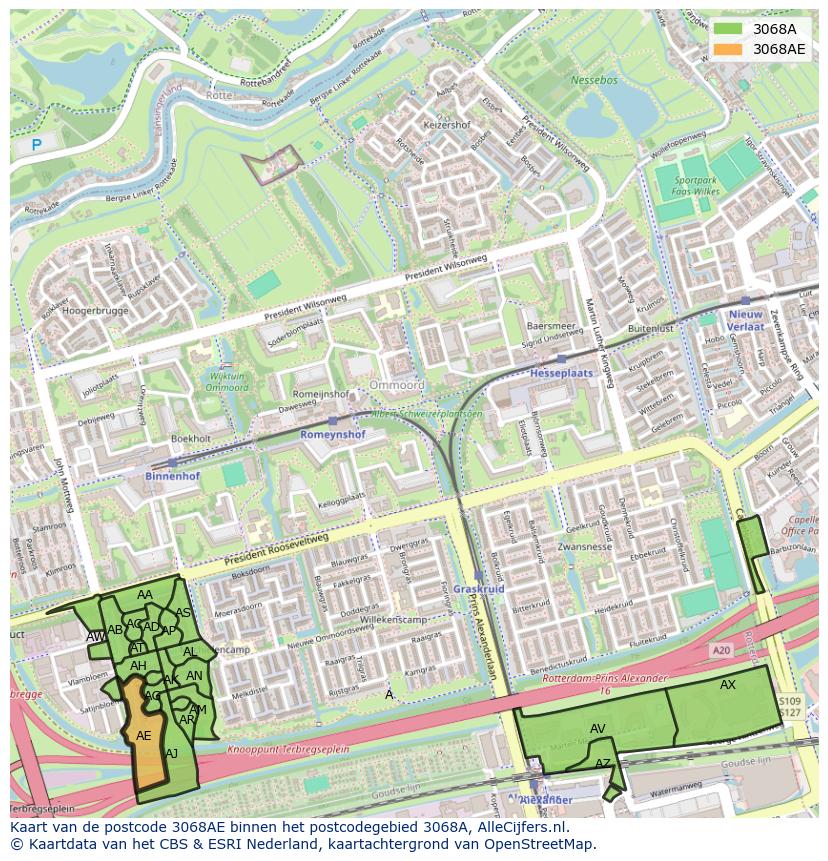 Afbeelding van het postcodegebied 3068 AE op de kaart.