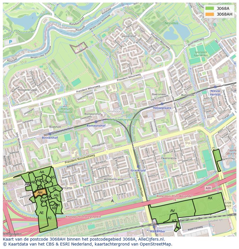 Afbeelding van het postcodegebied 3068 AH op de kaart.