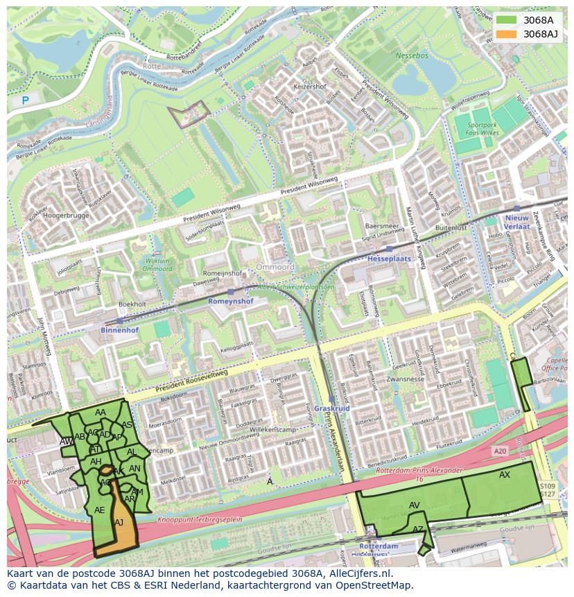 Afbeelding van het postcodegebied 3068 AJ op de kaart.