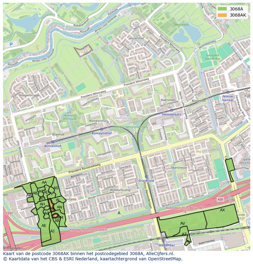 Afbeelding van het postcodegebied 3068 AK op de kaart.