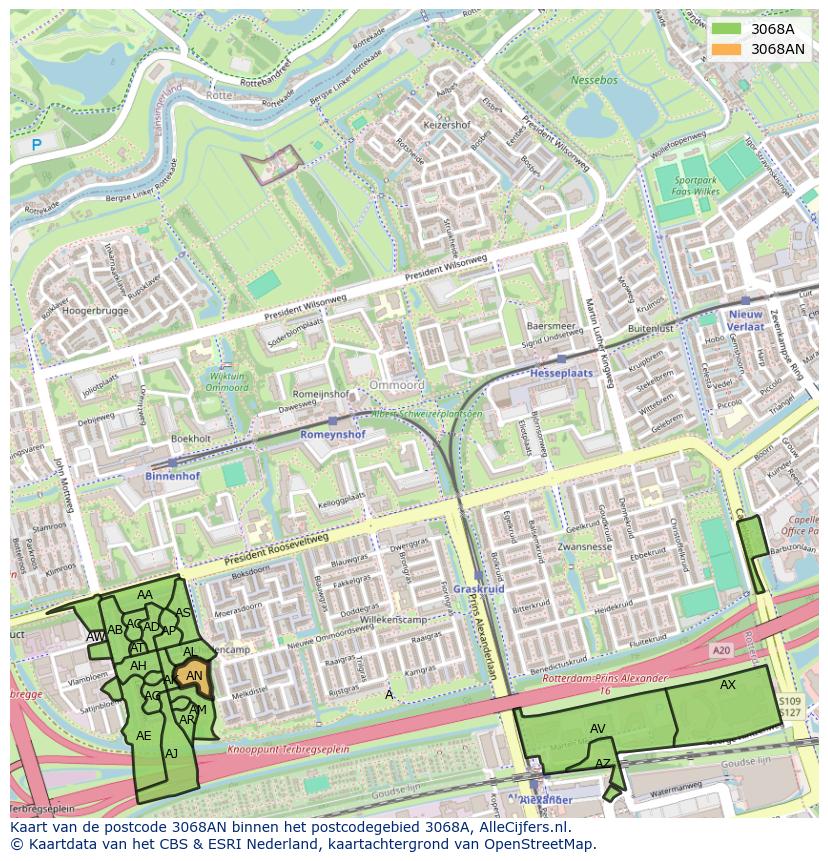 Afbeelding van het postcodegebied 3068 AN op de kaart.