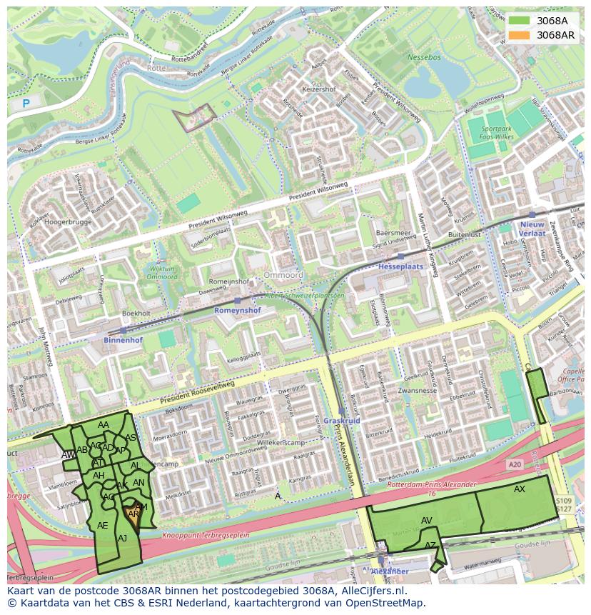 Afbeelding van het postcodegebied 3068 AR op de kaart.