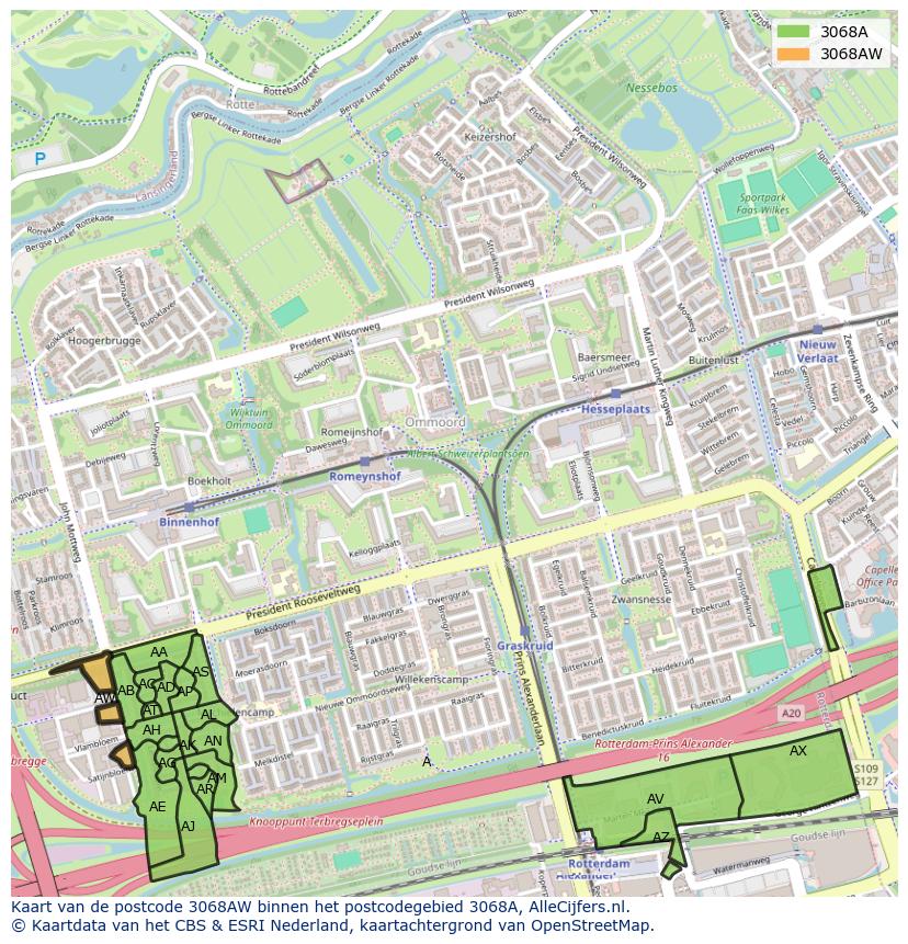 Afbeelding van het postcodegebied 3068 AW op de kaart.