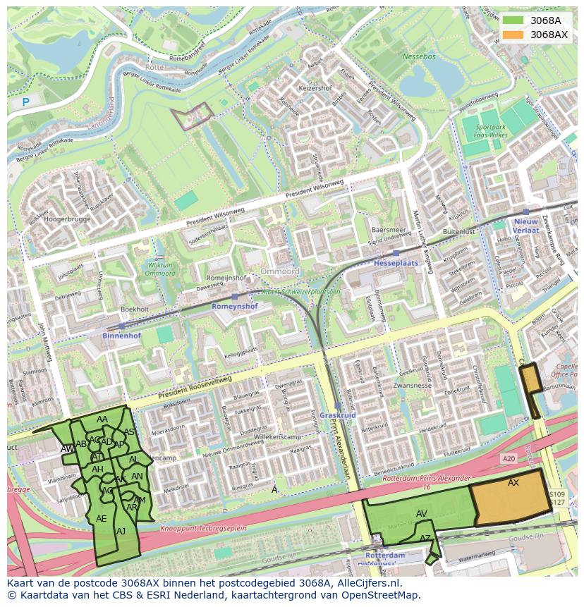 Afbeelding van het postcodegebied 3068 AX op de kaart.