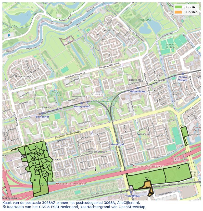 Afbeelding van het postcodegebied 3068 AZ op de kaart.