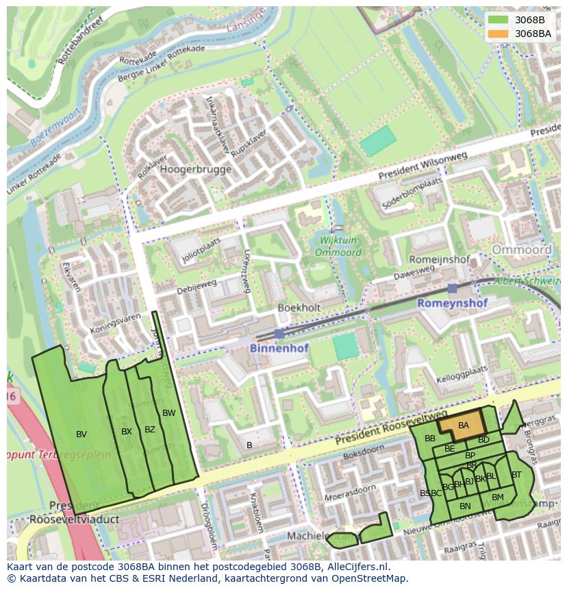 Afbeelding van het postcodegebied 3068 BA op de kaart.