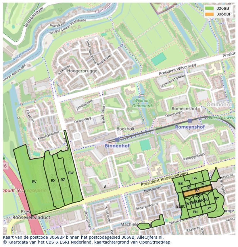 Afbeelding van het postcodegebied 3068 BP op de kaart.