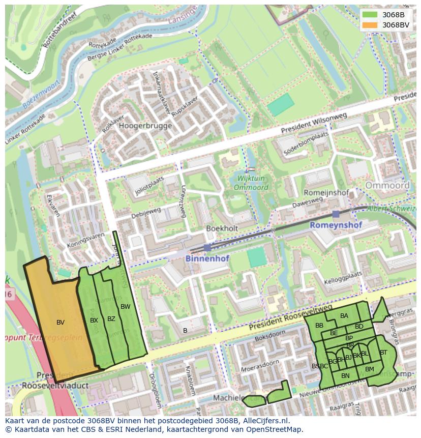 Afbeelding van het postcodegebied 3068 BV op de kaart.
