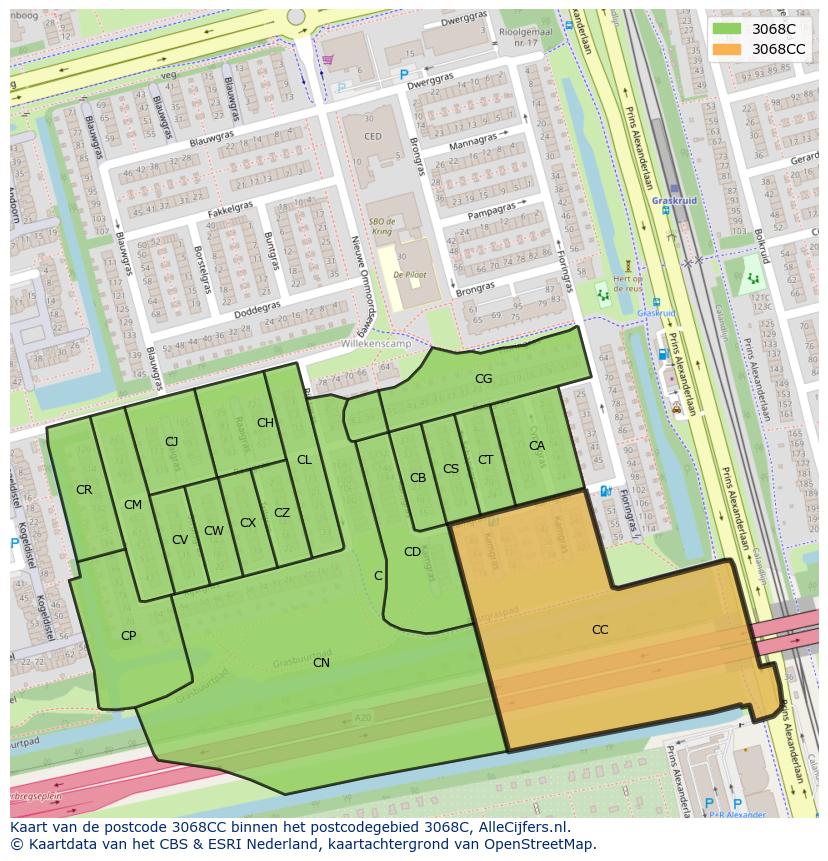 Afbeelding van het postcodegebied 3068 CC op de kaart.