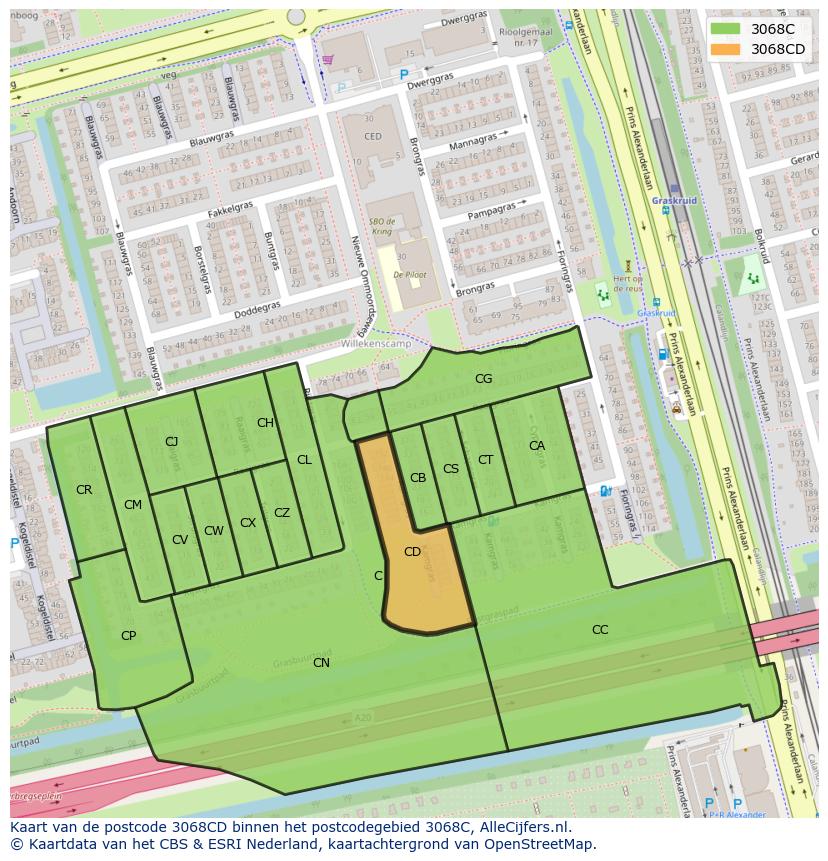 Afbeelding van het postcodegebied 3068 CD op de kaart.