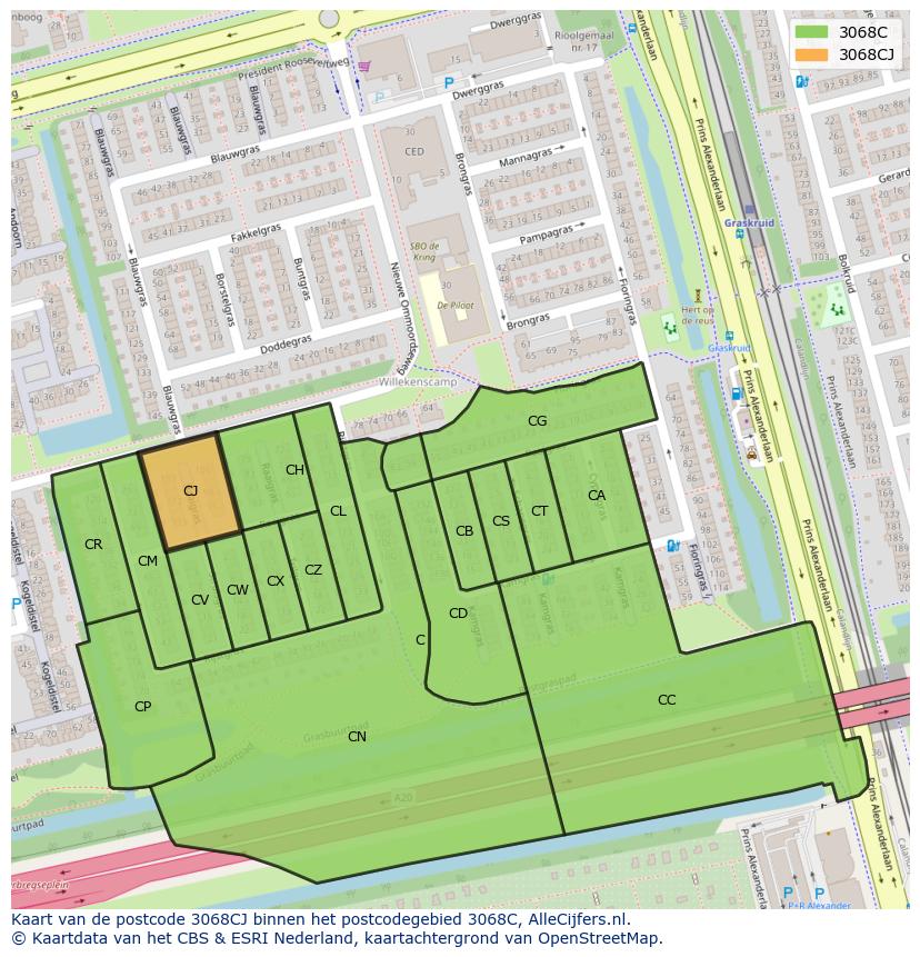 Afbeelding van het postcodegebied 3068 CJ op de kaart.