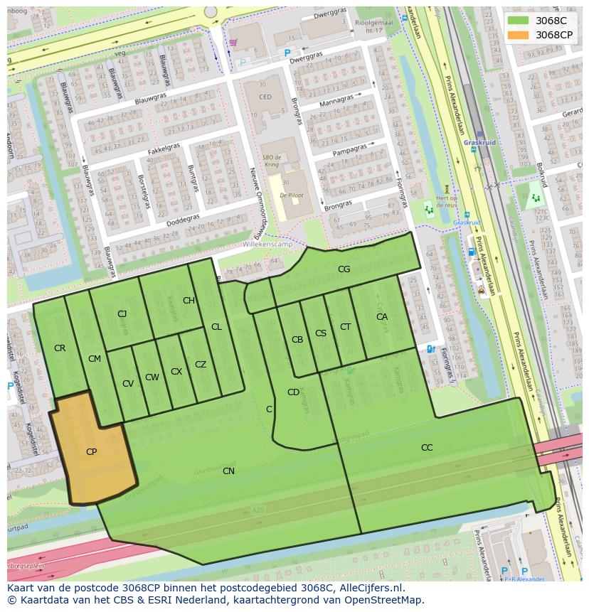Afbeelding van het postcodegebied 3068 CP op de kaart.