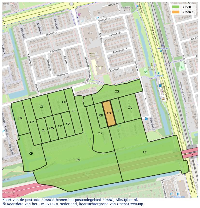 Afbeelding van het postcodegebied 3068 CS op de kaart.