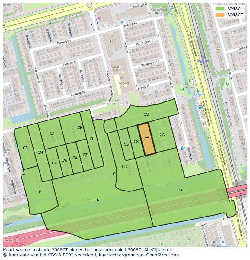 Afbeelding van het postcodegebied 3068 CT op de kaart.