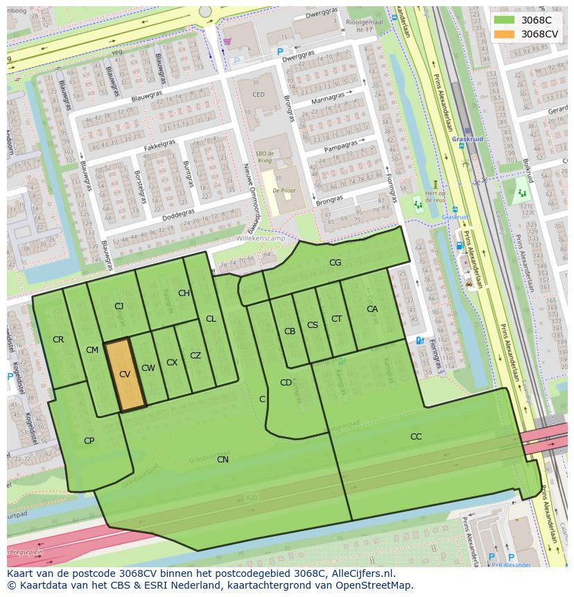 Afbeelding van het postcodegebied 3068 CV op de kaart.