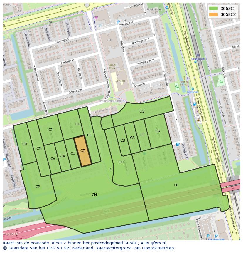 Afbeelding van het postcodegebied 3068 CZ op de kaart.