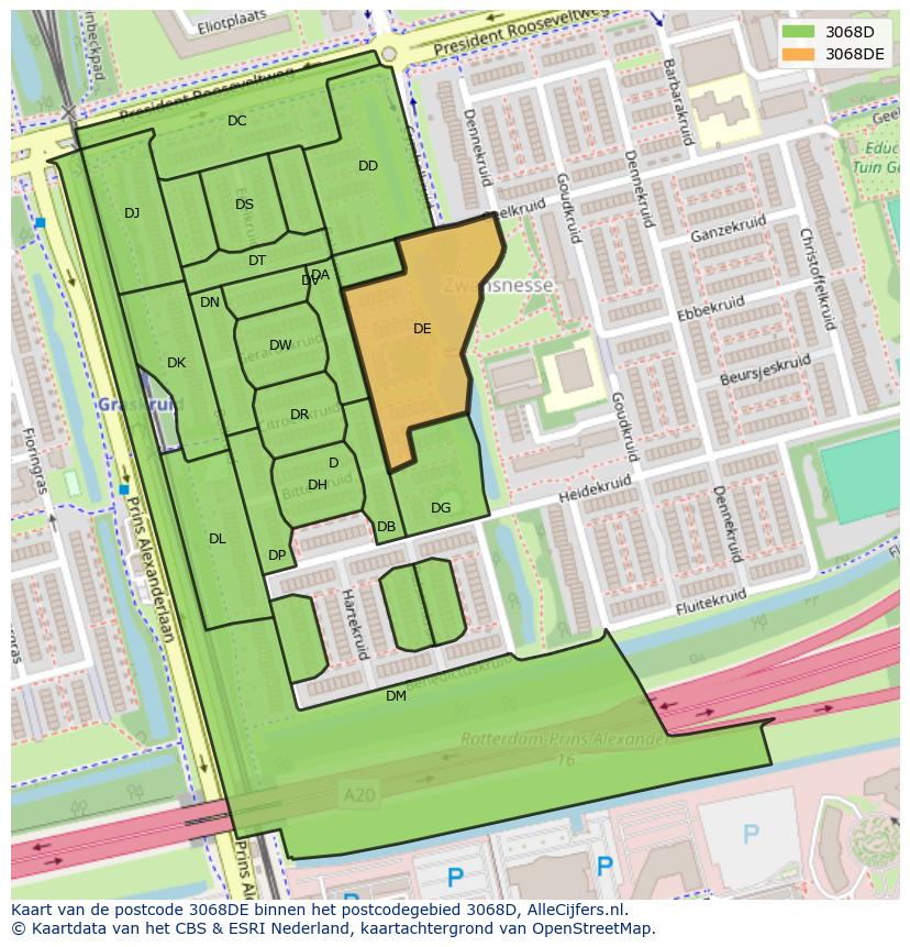 Afbeelding van het postcodegebied 3068 DE op de kaart.